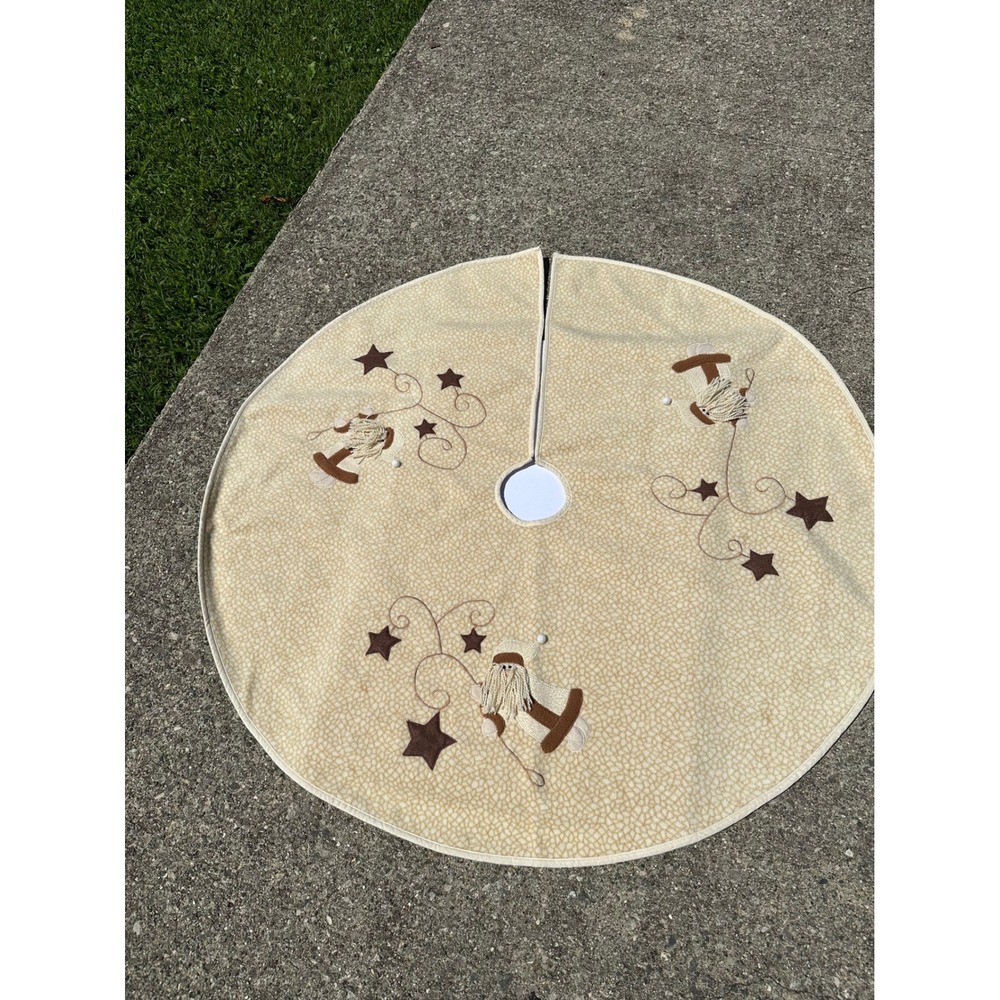 Primitive Santa Claus Christmas Tree Skirt 42" Round Tan Cream Farmhouse Star